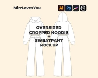 Oversized Cropped Hoodie and Streetwear Sweatpants Mock up Vector Template Flat sketch sweats Adobe Illustrator PNG SVG Procreate Tech Pack