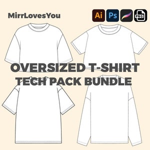 May include: A tech pack bundle of three oversized t-shirt designs. The designs include a short-sleeved crew neck t-shirt, a long-sleeved crew neck t-shirt, and a short-sleeved crew neck t-shirt with a cropped hem. The designs are all white and are shown on a light beige background.