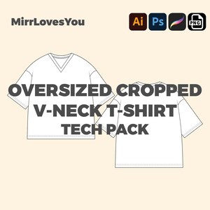 Pode incluir: Desenho técnico de um pacote tecnológico de uma camiseta branca de gola em V, oversized e cropped. O desenho inclui uma vista frontal e uma vista traseira da camiseta.