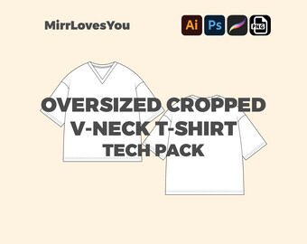 May include: Line drawing tech pack of a white oversized cropped v-neck t-shirt. The design includes a front and back view of the shirt.