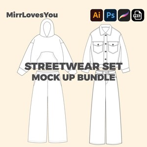 Może przedstawiać: Ilustracja liniowa zestawu odzieży streetwear, w skład którego wchodzą bluza z kapturem, spodnie, dżinsowa kurtka i dżinsy. W obrazie znajduje się tekst "STREETWEAR SET MOCK UP BUNDLE".