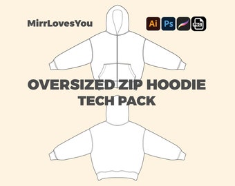 Streetwear Oversized Zip Up Hoodie Mock up Adobe Illustrator PNG SVG Procreate Tech pack Vector Template flat sketch zip hoodie mockup