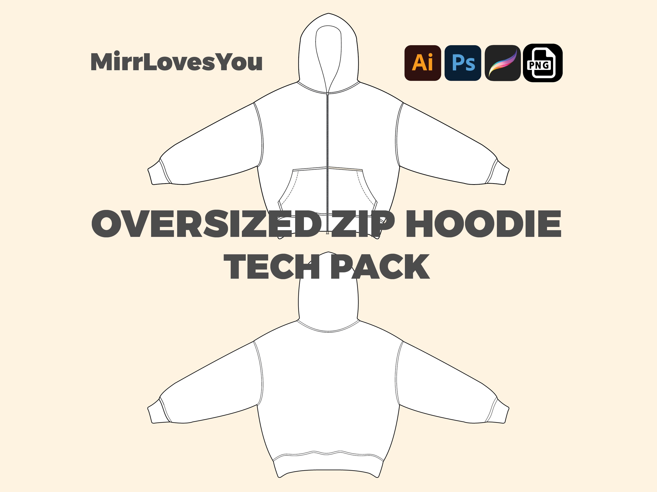 Streetwear Oversized Zip up Hoodie Mock up Adobe Illustrator PNG
