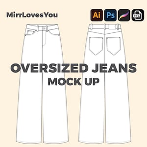 Op de afbeelding: Een zwart-witte lijntekening van een oversized spijkerbroek. De broek heeft wijde pijpen en een hoge taille. De tekening is gelabeld met "OVERSIZED JEANS MOCK UP".