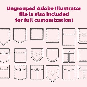 May include: A set of 16 different pocket designs, including classic, flap, and angled styles.  The pocket designs are outlined in black and are suitable for use in fashion design, illustration, and other creative projects.
