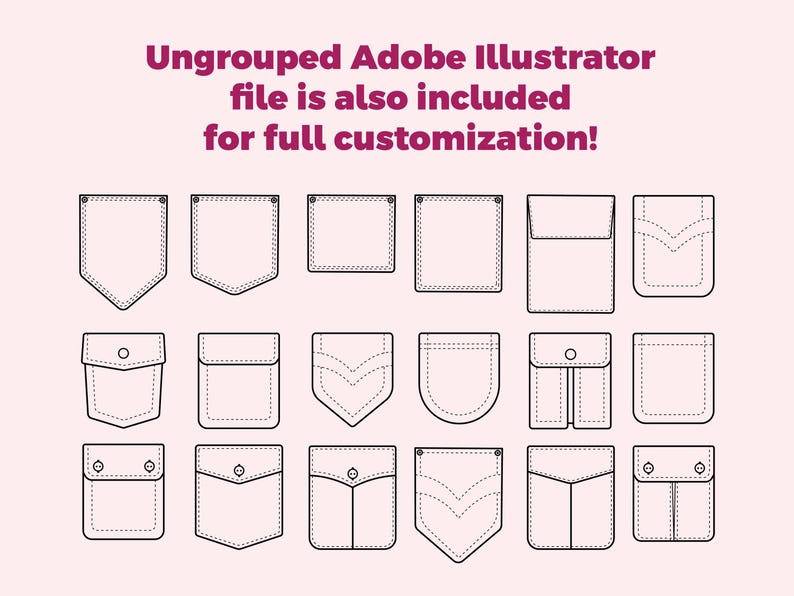 May include: A set of 16 different pocket designs, including classic, flap, and angled styles.  The pocket designs are outlined in black and are suitable for use in fashion design, illustration, and other creative projects.