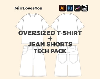 Oversized Boxy T-shirt and Jorts Oversized Streetwear Jean Shorts Vector Adobe Illustrator PNG SVG Procreate Tech Pack mockup bundle