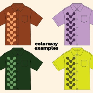 May include: Four different colorways of a short-sleeved button-down shirt with a unique abstract pattern on the front. The shirt is available in brown, purple, green, and yellow.