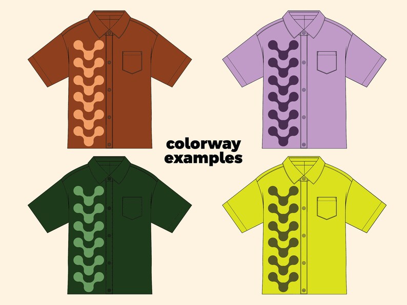 May include: Four different colorways of a short-sleeved button-down shirt with a unique abstract pattern on the front. The shirt is available in brown, purple, green, and yellow.
