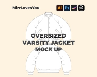 Streetwear oversized Varsity jacket Mock up Vector Template Adobe Illustrator PNG SVG Procreate Tech pack flat sketch bomber jacket Mockup