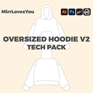 Oversized Streetwear Hoodie Mock up Vektor Vorlage Weite Passform Adobe Illustrator PNG SVG Procreate Tech Pack Hoodie Mockup technische Zeichnung