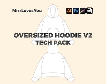Oversized Streetwear Hoodie Mock up Vektor Vorlage Weite Passform Adobe Illustrator PNG SVG Procreate Tech Pack Hoodie Mockup technische Zeichnung