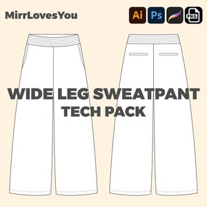 May include: Line drawing tech pack of wide leg sweatpants. The drawing shows the front and back views of the pants.