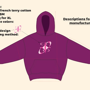 May include: A purple hoodie with a pink graphic design. The hoodie is made of 100% french terry cotton and is 400 GSM. The hoodie is available in size XL. The printing method is DTG.