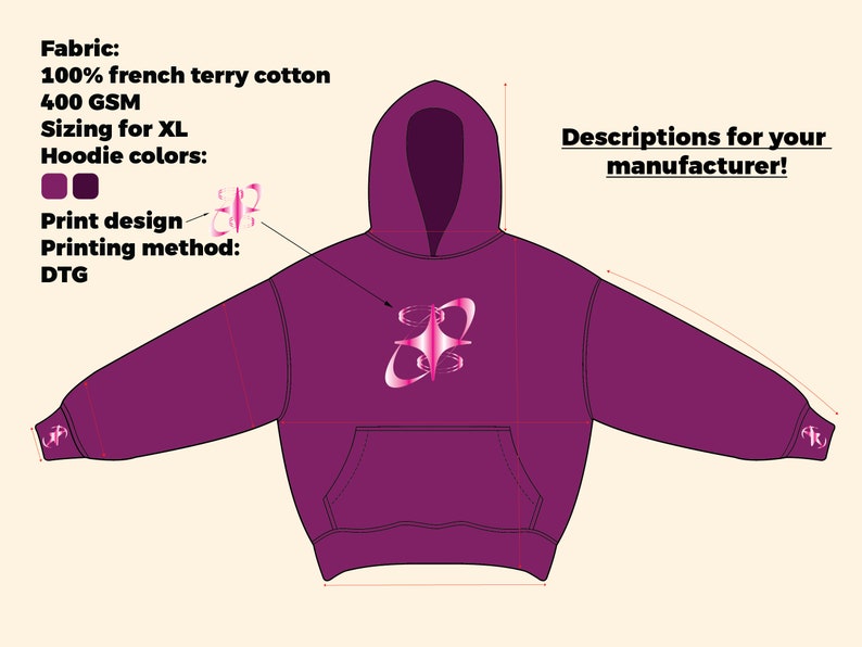 May include: A purple hoodie with a pink graphic design. The hoodie is made of 100% french terry cotton and is 400 GSM. The hoodie is available in size XL. The printing method is DTG.