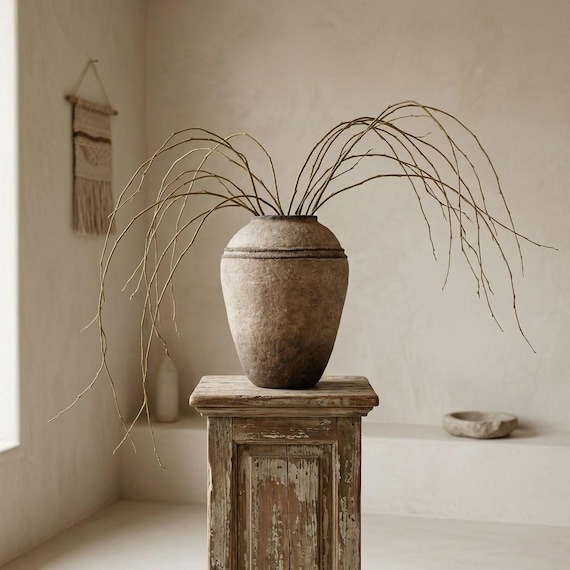 Handmade Large Aged Finish Paper Mache Vase 14”: Brown and Black Matte Finish Rustic Wabi Sabi Aged Patina Vase