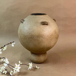 Aged finish 11” round vase with pedestal | textured earth tone vessel with mini handles | hand finished vintage pottery