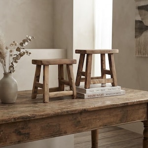 May include: Two small, rectangular wooden stools with a natural brown finish and visible wood grain. The stools feature four sturdy legs connected by horizontal support bars. One stool is placed directly on the surface, while the other rests on books.