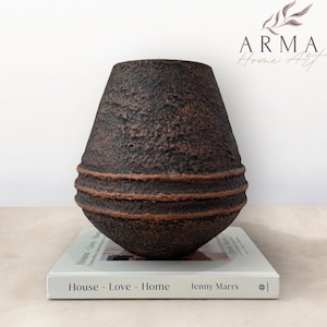 Artisan rustic vase 9” | textured vintage finished vase | aged pottery vase | hand finished glass black vase