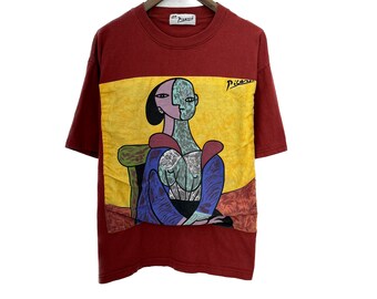 T-shirt Picasso vintage femme dans la chaise d'art graphique des années 80, bordeaux, taille M