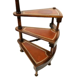 Antique Library Stairs with Brown Leather / Vintage Bookcase Ladder /