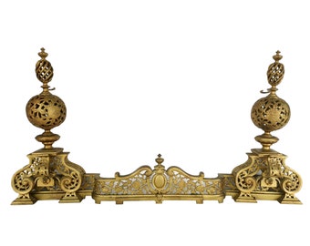 19th century French Fireplace Accessories Fire Dogs with Fender / Vintage Brass Andirons tools Decor mantels screen