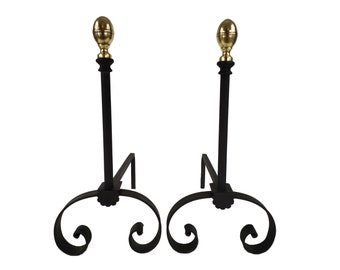 19th century French Fireplace Accessories Fire Dogs Pair of Vintage Iron Brass Andirons tools Decor mantels screen firedog