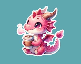 May include: A pink cartoon dragon with a brown horn holds a brown paper cup with a white lid and a brown swirl on top. The dragon has a white outline and is set against a teal background.