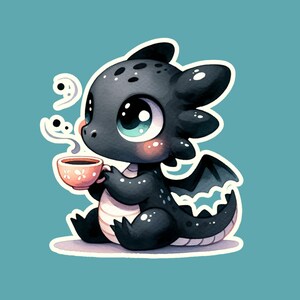 Little Black Dragon Drinking Tea/Coffee Digital PNG Product, Mythical Creature, Fantasy Art, Dragon Baby Gift, Coffee Lover Sticker