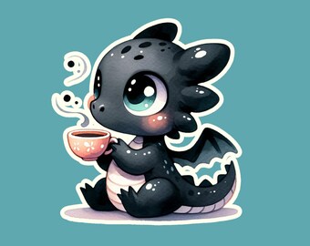 May include: A cute black dragon with large blue eyes is holding a small red and white teacup. The dragon is sitting on a white background.