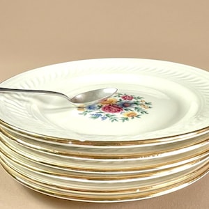 Set of 6 Authentic Vintage Gien France Dinner Plates, Floral Polychrome Design with Gold Rim, French Country Pottery, Grandmillennial Decor