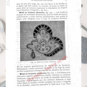 May include: An illustration from a vintage book on white embroidery. The image shows a detailed black and white design of a floral motif, possibly for needlework or lace making. The page also includes French text.