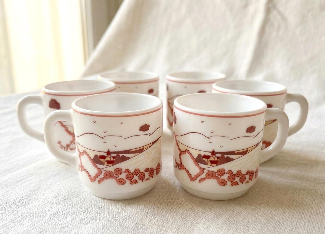 Set of 6 Vintage Arcopal France Coffee Cups Village Pattern, White Milk ...