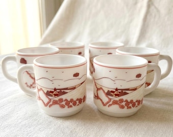 Set of 6 Vintage Arcopal France Coffee Cups Village Pattern, White Milk  Glass Mugs. 70s French Kitchenware. Stackable Retro Espresso Cups