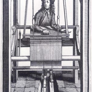 Peut inclure: Gravure en noir et blanc d'une personne utilisant un métier à tisser. La personne porte un chapeau et une veste. L'image comprend le texte "Habit de Tisserand" et d'autres textes en bas.