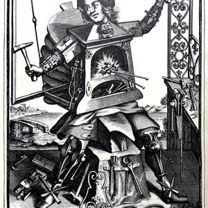 May include: An antique engraving titled "Habit de Serrurier" depicting a figure composed of locksmith tools and a furnace. The figure holds a hammer and a rod, with various tools forming its body and legs. The image is in black and white.