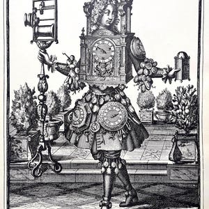 Peut inclure: Gravure ancienne en noir et blanc représentant une figure composée d'horloges et d'outils d'horlogerie. La tête est une horloge, et le corps est orné de divers garde-temps. L'image comprend le texte "Habit d'orlogeur" et d'autres textes en français.