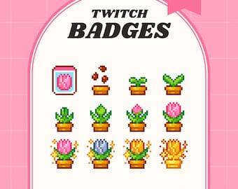 Twitch-subbadges roze tulp, kawaii-pixelbadges