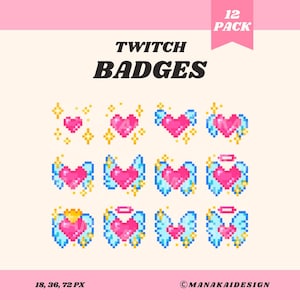 Pink Heart Wings Twitch-badges, kawaii pixelart Angel Sub / Bit-badges
