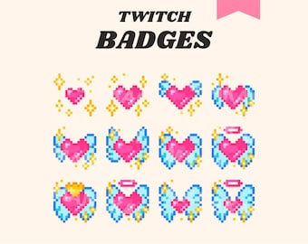 Pink Heart Wings Twitch Badges, Kawaii Pixel Art Angel Sub / Bit Badges