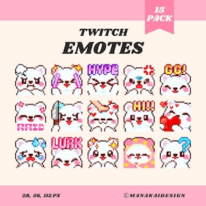 Może przedstawiać: Zestaw 15 emotikonów Twitch w stylu pixel art, przedstawiających białe niedźwiedzie z różnymi wyrazami twarzy i tekstami takimi jak "HYPE" i "GG!". Emotikony są wyświetlane na jasnoróżowym tle z napisem "TWITCH EMOTES".
