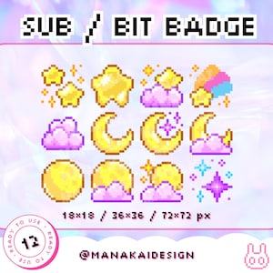 Dreamy Sky Twitch Sub Badges | Shiny Lofi Bit Badges | Purple Pastel Pixel Starry Dreams Celestial Lunar | Mystic Star Sparkle Crescent Moon