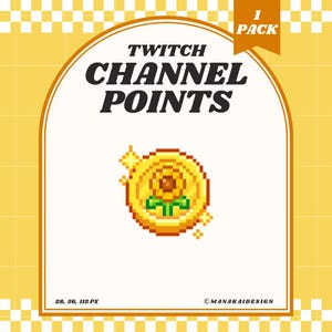 Puede incluir: Un gráfico digital para los puntos de canal de Twitch. El diseño presenta una moneda de oro pixelada con un girasol en el centro, rodeada de efectos brillantes. El texto "Twitch Channel Points" se muestra encima de la moneda, con una etiqueta "1 Pack".