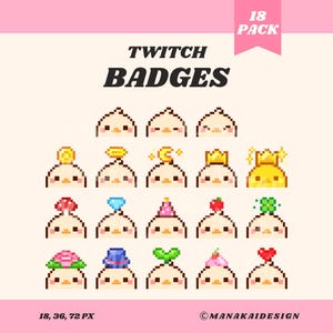 Pode incluir: Um conjunto de 18 emblemas Twitch pixelizados com um design de pintinho fofo com vários acessórios. Os emblemas incluem uma moeda, um halo, uma coroa, um cogumelo, um diamante, um chapéu de festa, uma maçã, um trevo, uma rosa, um chapéu, um broto, um cupcake e um coração. O texto "TWITCH BADGES" é exibido.