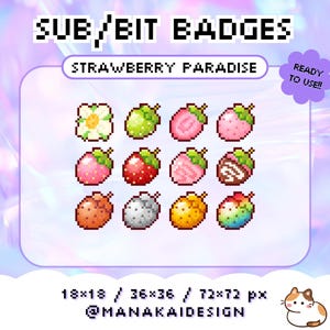 Strawberry Paradise Twitch Sub Badges, Kawaii Bit Badge for streaming, cute pixel cafe aesthetic sweetcore fruits brown silver gold rainbow