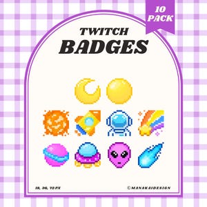 Puede incluir: Un paquete de diez insignias de Twitch pixeladas con diseños espaciales. Las insignias incluyen una luna creciente, un sol, un cohete, un astronauta, una estrella fugaz, un planeta, un OVNI, un alienígena y un cometa. El texto "TWITCH BADGES" se muestra en la parte superior.