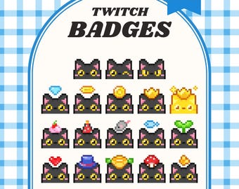 Insignias de Twitch de Gato Negro / Insignias de Sub/Bit de Gatito de Ojos Amarillos de Pixel