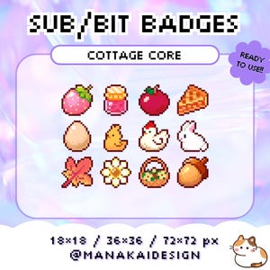 Cottage Core-subbadges voor Twitch | Kawaii pixelbit-badge | Warme kleur | Herfstblad | Kip | Konijn | Eikel | Appeltaart | Herfstseizoen