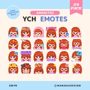 May include: A digital collection of 24 animated pixel art emotes featuring a character with brown hair in a purple shirt. The set includes various expressions and text overlays like HI, LURK, HYPE, RAID, LOL, and GG, presented in a grid format.