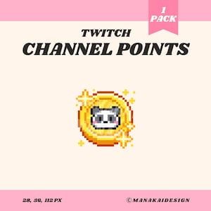 May include: A digital graphic featuring a pixelated panda bear on a gold coin, surrounded by sparkling stars. The text "TWITCH CHANNEL POINTS" is displayed in bold, black letters. A pink banner reads "1 PACK".